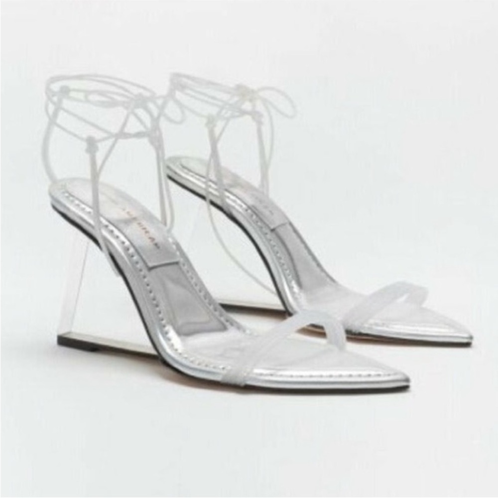 Good American Silver Cinderella Clear Straps Bride Gladiator Heels Formal New 7 - Picture 9 of 9